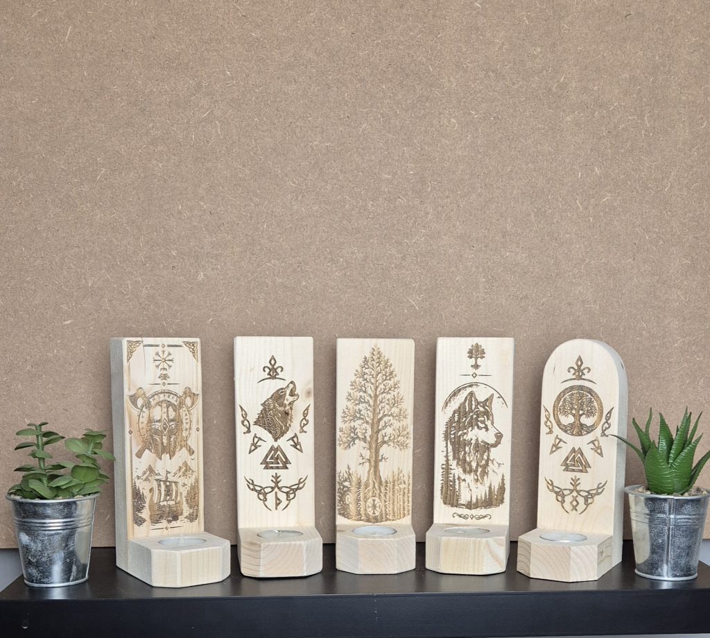 bougeoirs Viking en bois gravés au laser avec motifs nordiques