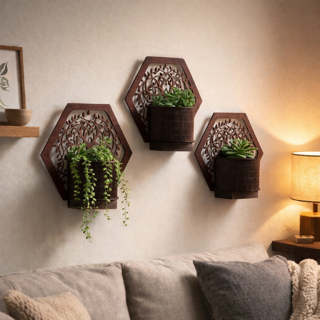 Cache-pot mural hexagonal en bois