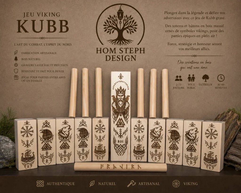 jeu de Kubb Viking en bois gravé au laser