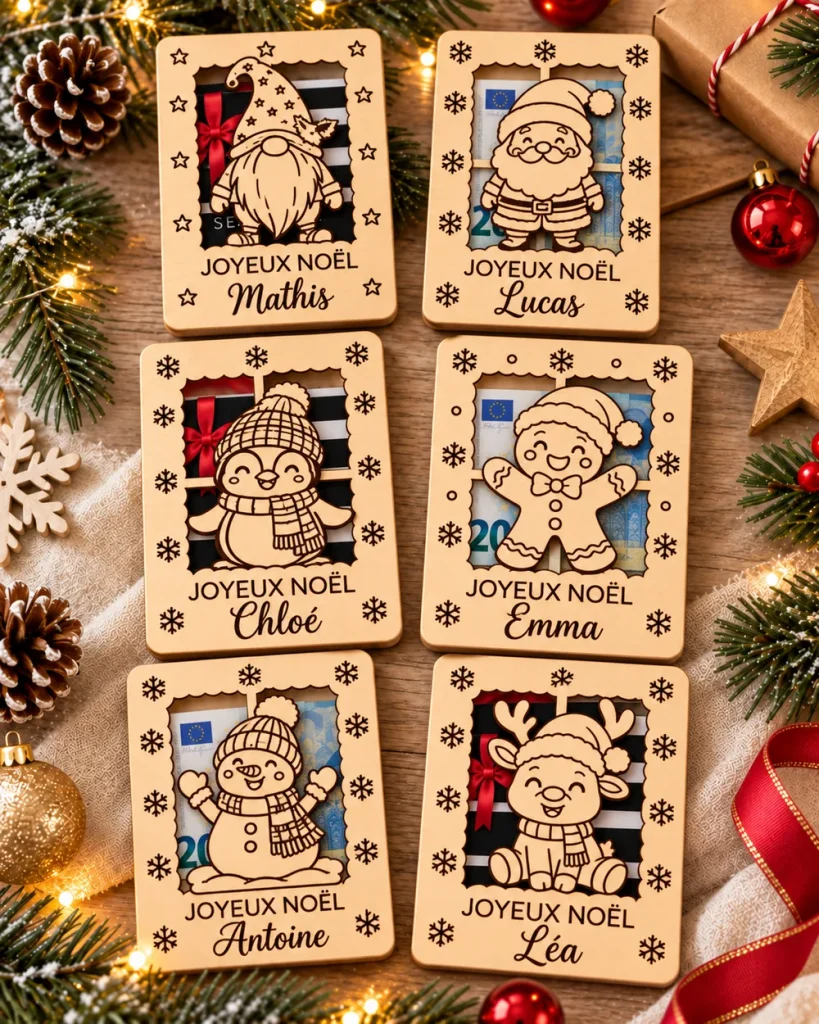 Porte-billets Noël personnalisé en bois avec prénom
